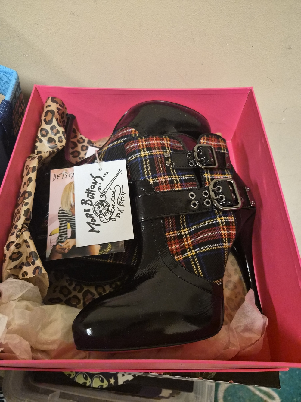 Betsey Johnson Black Patent Plaid Buckle Heeled Ankle Boots Size EURO 41 (9.5)